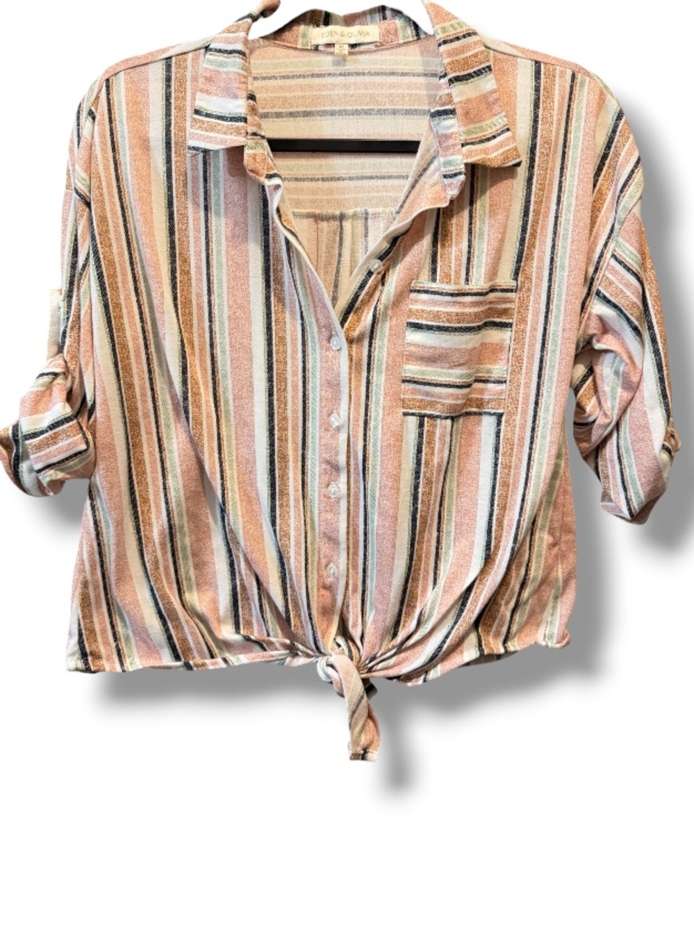 Eden & Olivia Women’s Multi Pastel Colored Striped Collared Tie-Front Button Top